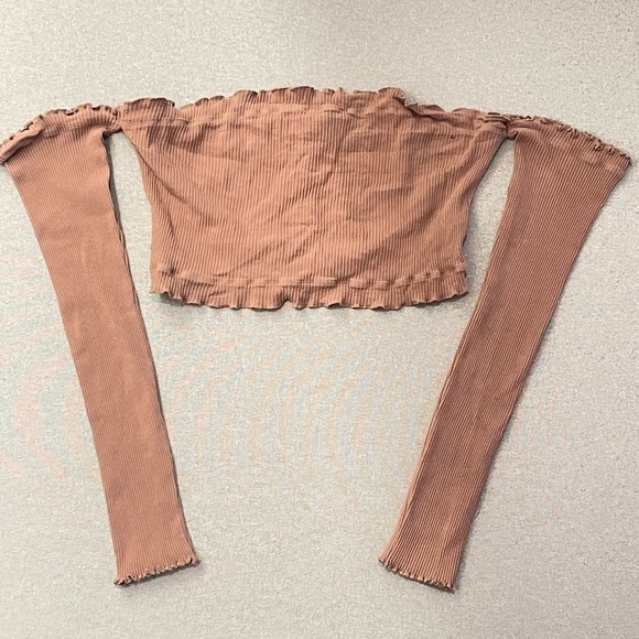 Fashion Nova Tops - Brown Ribbed Off-Shoulder Crop Top